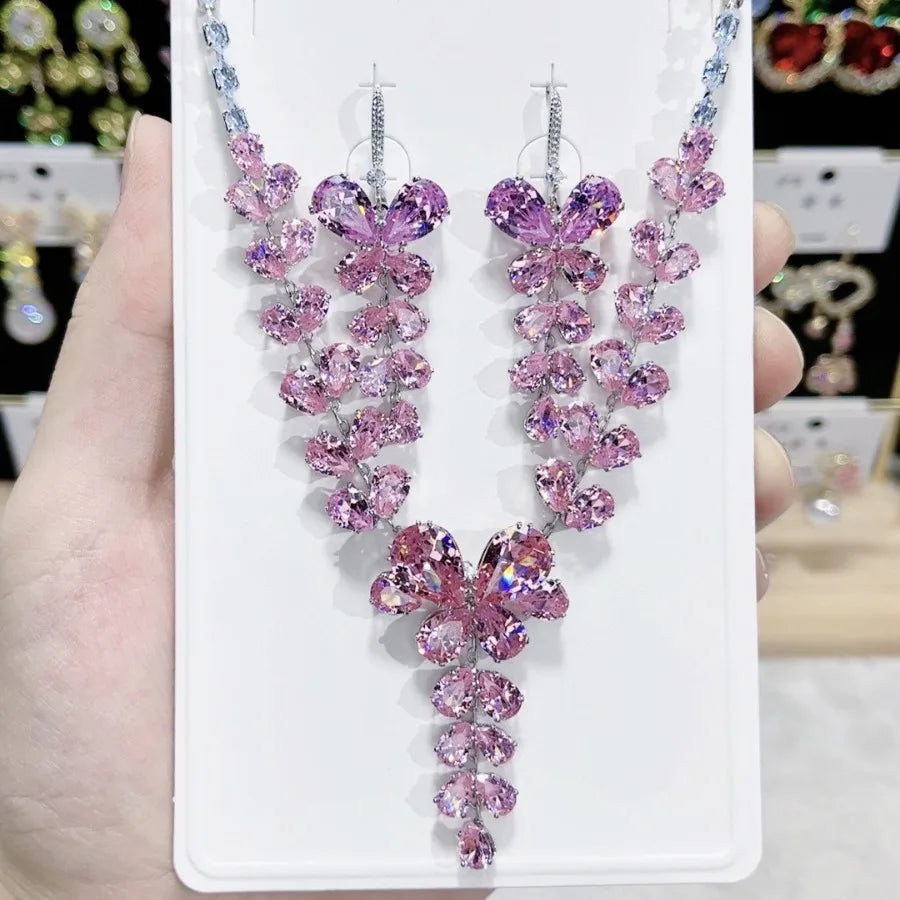 K040 Top Quality Trendy Luxury Exquisite Zircon Butterfly Necklace Earrings Set Women Elegant Jewelry Set for Party