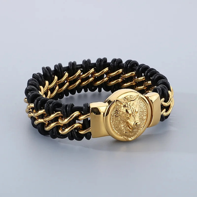REBEL Fashion Mens Fashion Punk Stainless Steel Bracelet Lion/Wolf Link Chain Bracelet
