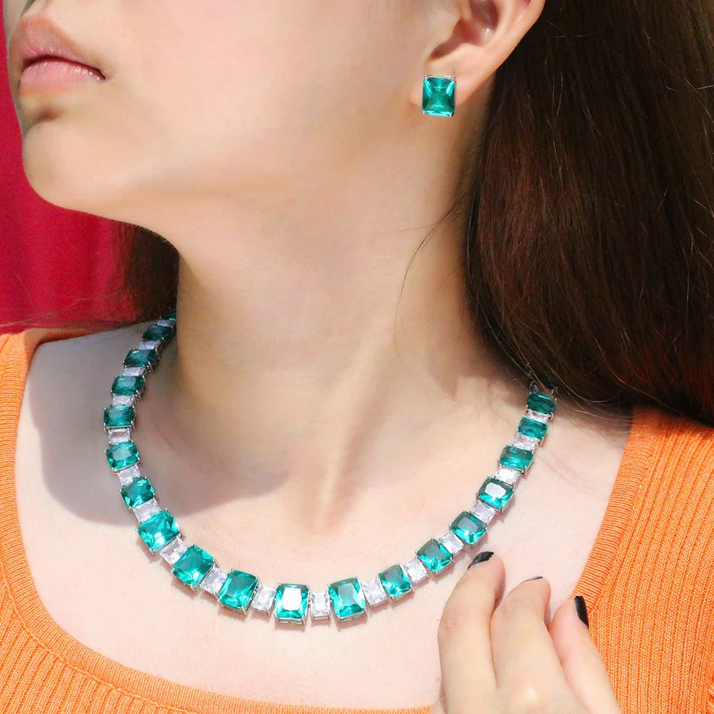 S&S Light Green CZ Square Bridal Jewellery Set – Necklace & Earrings – Collection