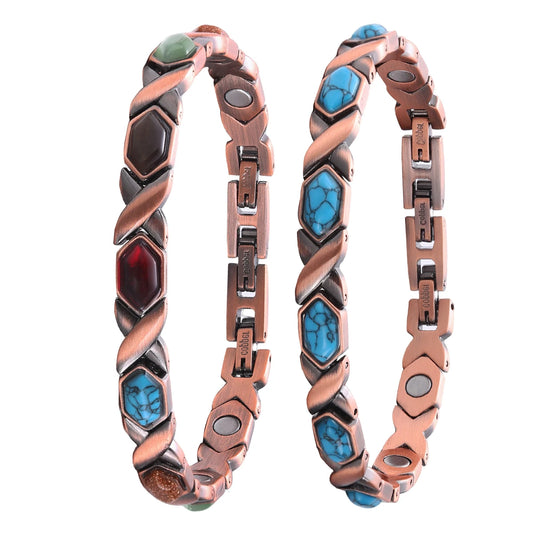 Turquoise Gemstone Arthritis Pain Relief 99.99% Pure Red Copper Magnetic Geometric Trendy Bracelet Adjustable Women Men Vintage