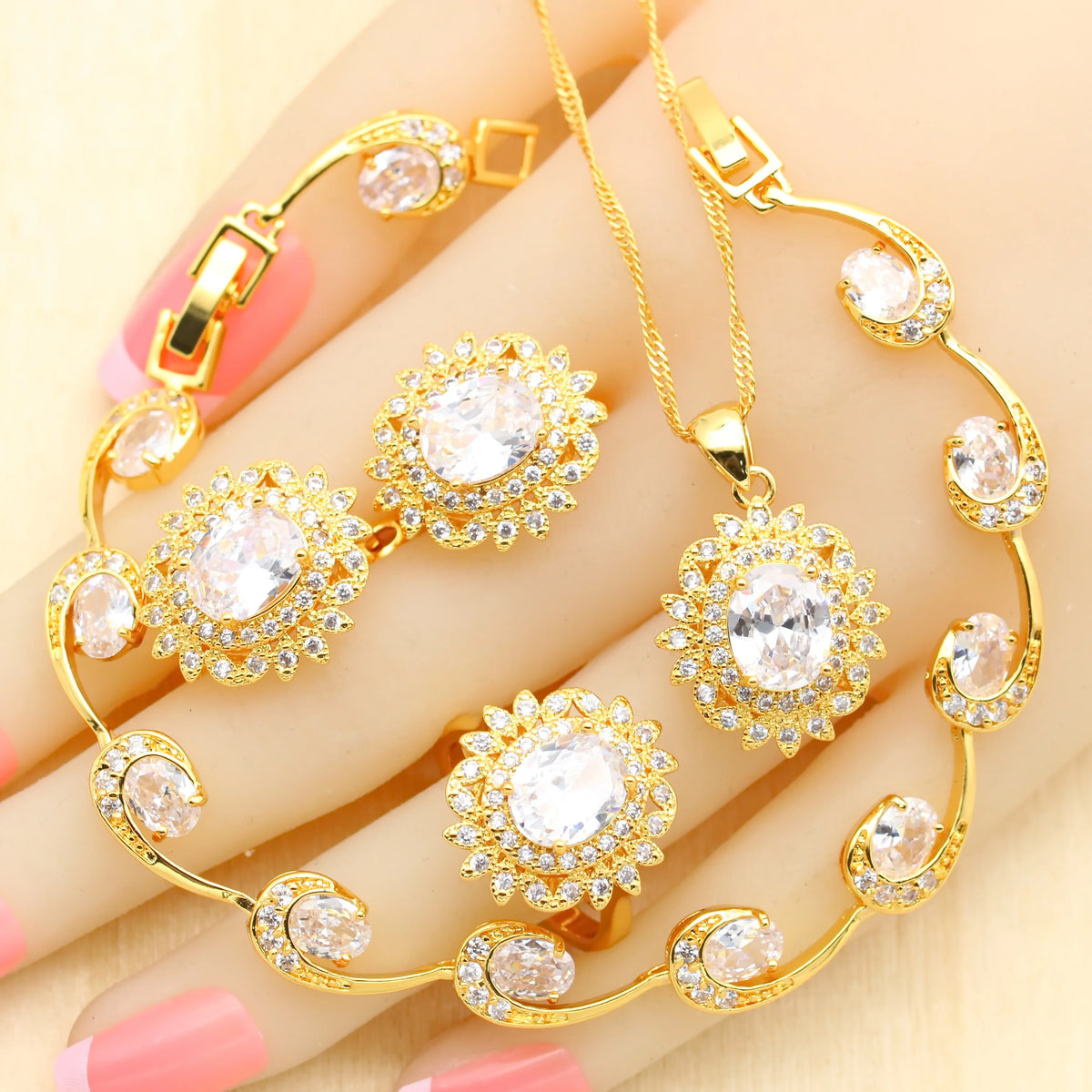 XOTICA Luxury Blue Crystal Gold Plated Wedding Jewelry Set for Women Including Earrings Pendant Ring Zircon for Parties Engagements