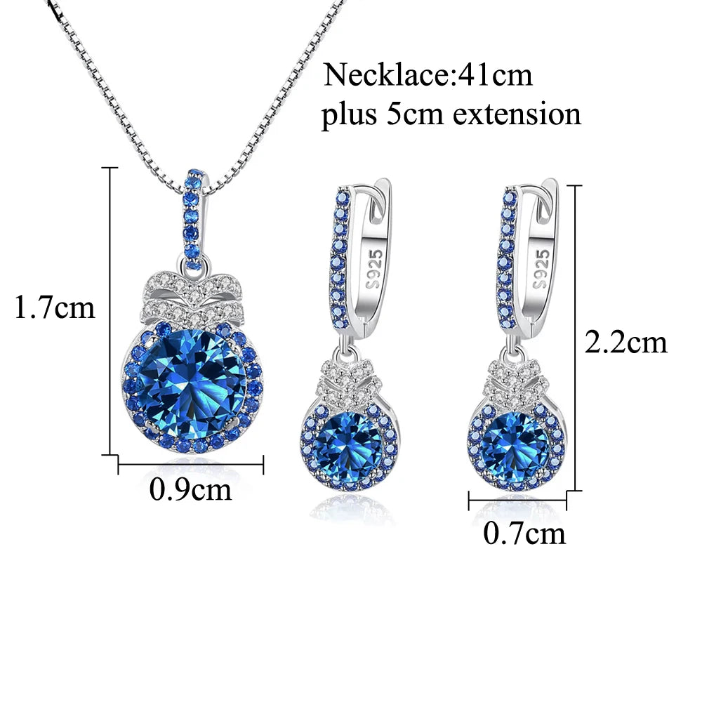 Exquisite S925 Sterling Silver Pendant Earrings CZ and Round Blue Synthetic Tanzanite Stone Jewelry Set for Women Daily Wear