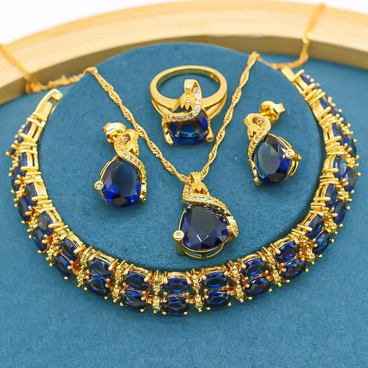 Women's Gold Plated Bridal Sets Sapphire Blue Classic Alloy Stud Earrings Bracelet Pendant Necklace Ring for Engagement Wedding
