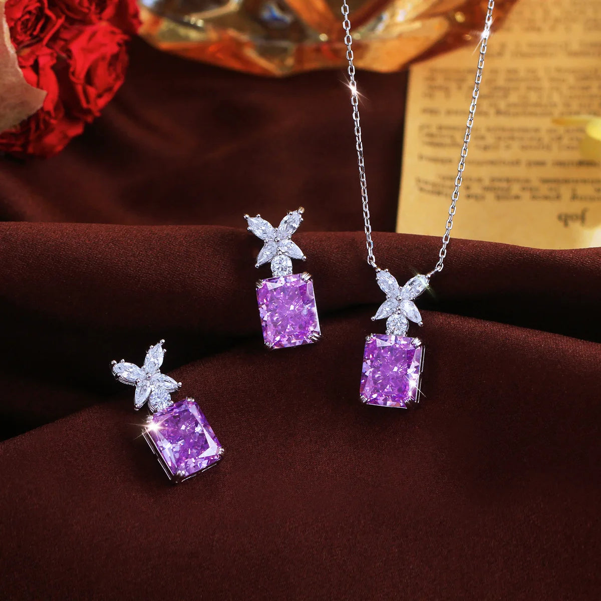 S&S 925 Silver Purple CZ Iced Out Necklace & Earrings Set – Radiant Cut – Rhodium Plated – Collection