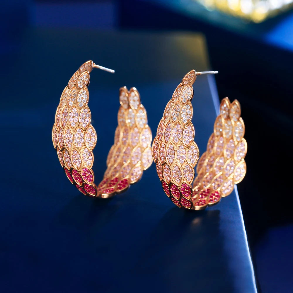 S&S Moon Feather CZ Pavé Double-Sided Hoop Earrings – Gold Plated – Collection