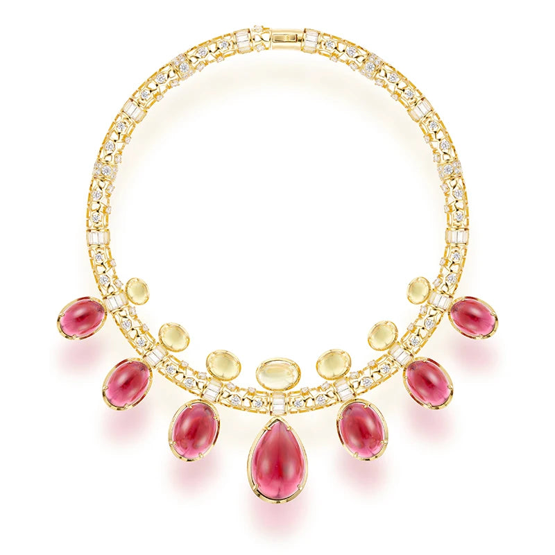 Retro Exaggerated Red Bead Hollow Necklace Earring Set Made of Brass Material Skin Friendly Women's Dress Accessories