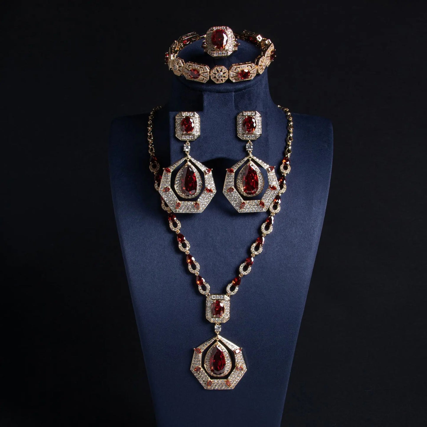 Luxury Round Brilliant-Cut Zirconia 4-Piece Gulf Bridal Set — Necklace, Bracelet, Earrings & Ring — Rhodium & Gold Plated