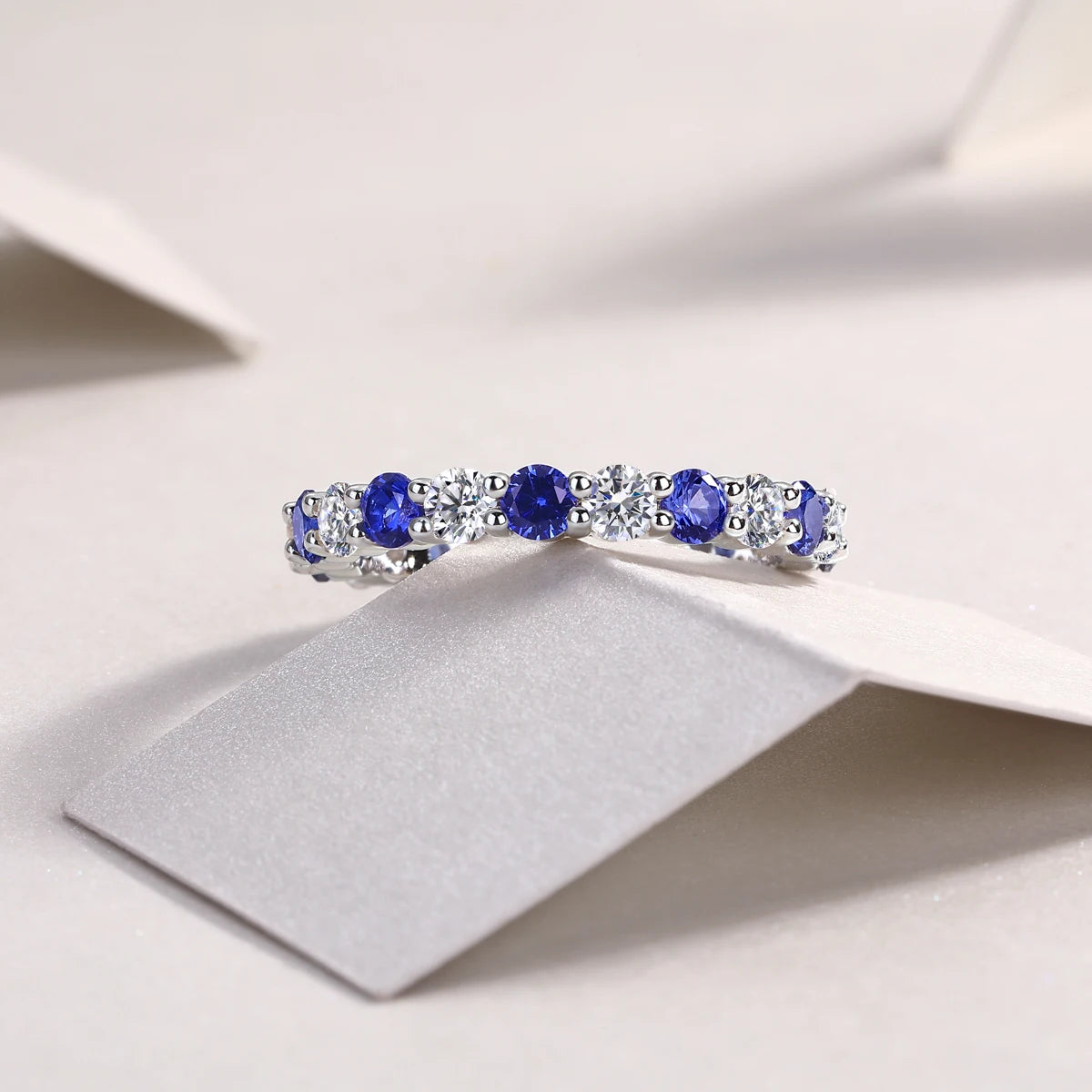 Blue Sapphire and Moissanite Alternating Full Eternity Ring 925 Silver Prong Set Stackable Wedding Band