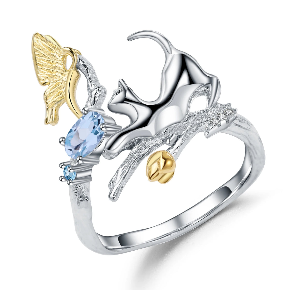 ArtistA C7784 Abiding Original Desig Kitten Chasing Butterfly Geometric Circle Oval Swiss Blue Topaz Drop Earrings Pendant & Ring Set