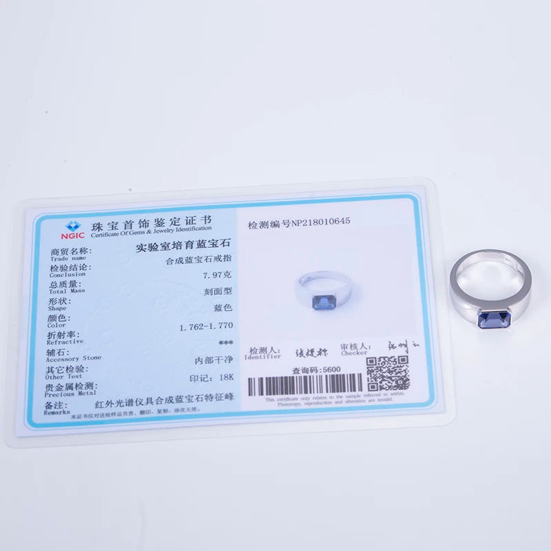 Messi Jewelry MSR-668 18k White Gold Man Ring Lab Grown Sapphire Ring Emerald Cut Gemstone Ring