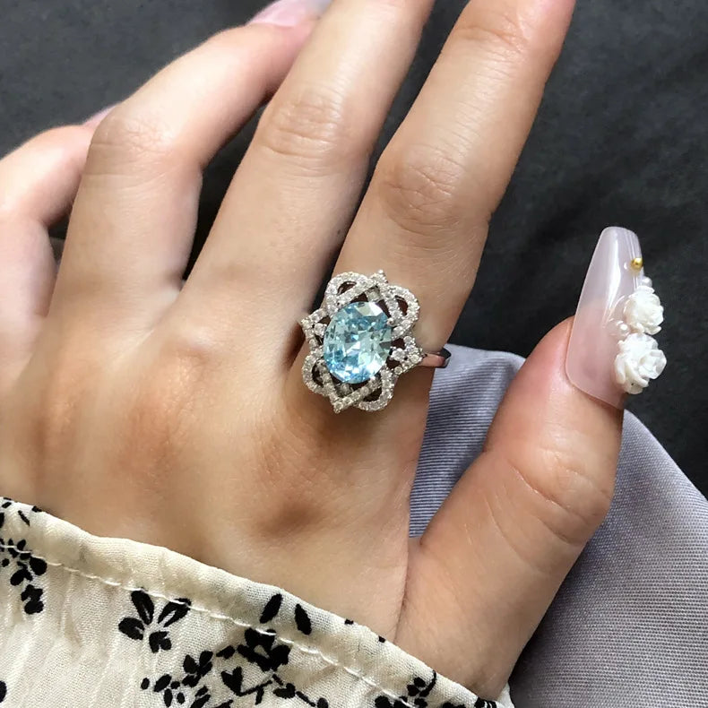 MuShan Jewelry Factory 4 Carat Santa Maria Shallow Sea Blue Gemstone Ring 925 Sterling Silver 8 * 10 Oval High Carbon Diamond