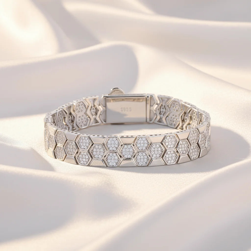ArtistA 9 Factory 10mm Honeycomb Grid Micro-Pave VVS1 D Color Moissanite 925 Sterling Silver Multi-Size Fashion Design Bangle Bracelets