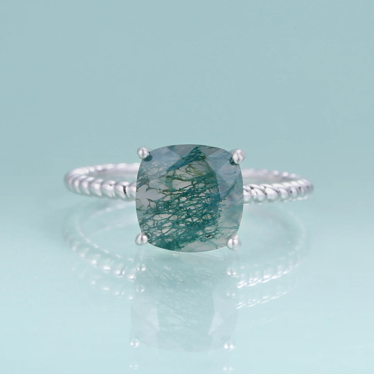 ArtistA Abiding Plated Silver 925 Natural Stone Ring Fancy Cut Natural Inspired Moss Agate Engagement Ring for Anniversary Bridal