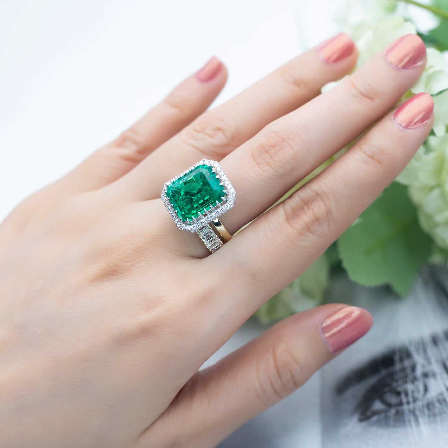 Messi Gems 18k Yellow Gold 10ct Lab Emerald Emerald Cut Moissnaite  Diamond Ring Set
