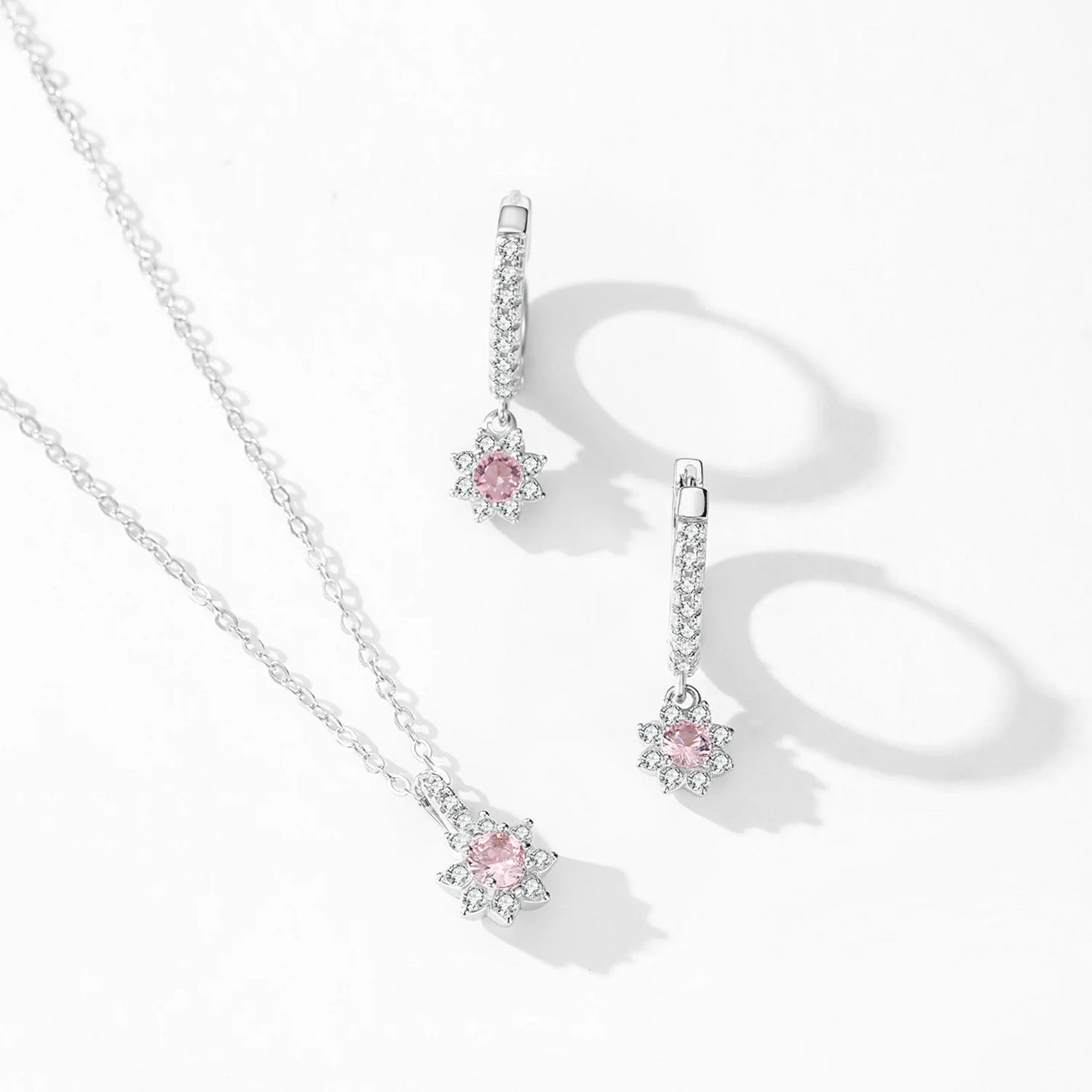 Wholesale 925 Sterling Silver Elegant Pink Sunflower Pendant Necklace Earring Set Elegant Luxury Jewelry Gift Set