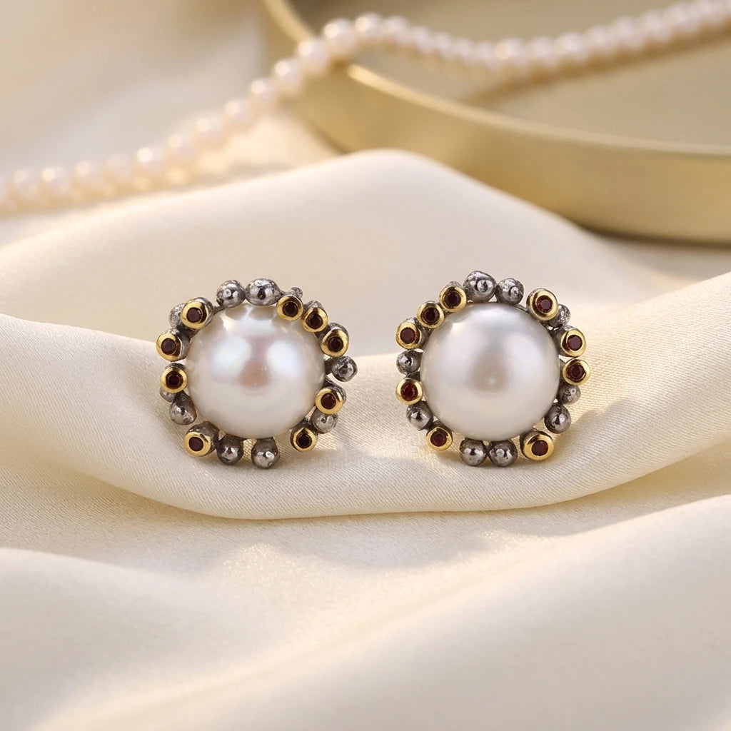 Handmade Button Pearl 925 Sterling Silver Stud Earrings Garnet White Freshwater Pearl AAA Grade Black Rhodium 18K Gold Plated