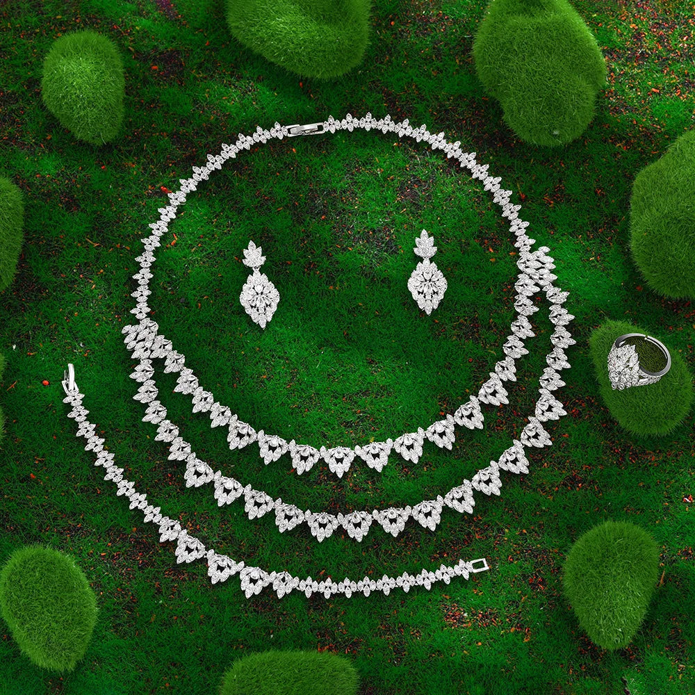 Palace-Inspired Multi-Layer Water Drop Zirconia Necklace & Earrings Set — Rhodium Plated Silver