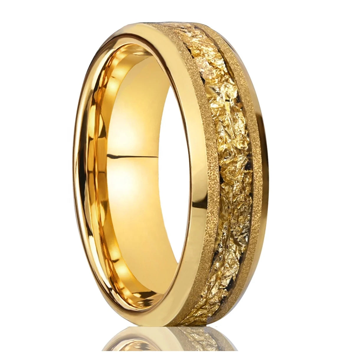 OAHLAN 6mm Gold Plated Sandblasted Tungsten Carbide Ring for Men Women With Gold Foil Inlay Wedding Band Engagement Jewelry Gift