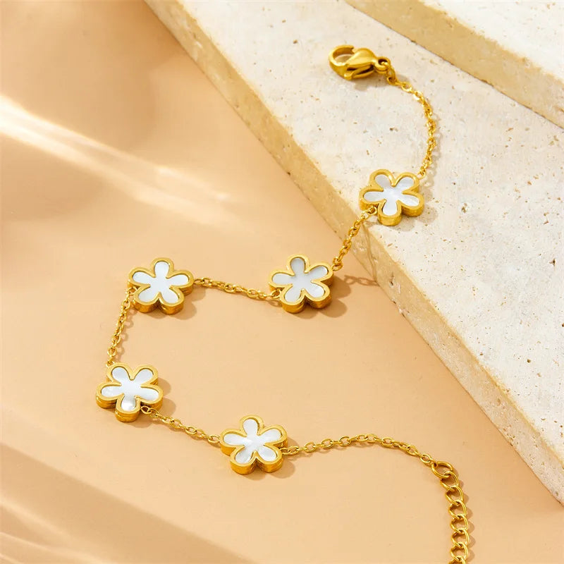 Gold White Flower Necklace, Earrings & Bracelet Jewellery Set | Exquisite Bridal Fashion Set