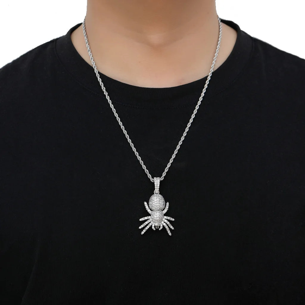 BES Animal Spider Pendant Necklace Hip Hop Iced Out Spider Cubic Zirconia Pendants Silver Color Plated Hip Hop Jewelry