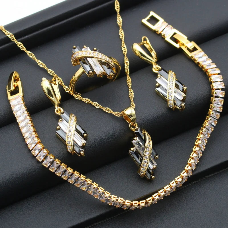 XOTICA Women's Personalized Wedding Set Black Gold Color Includes Earrings Bracelet Chain Christmas Gift for Parties Alloy Zircon