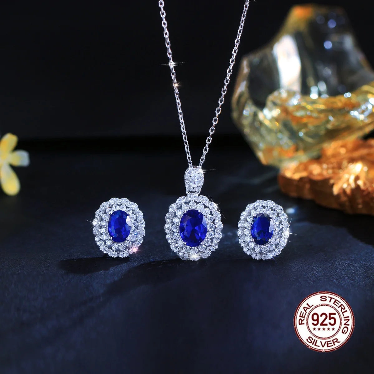 Vintage Style Royal Blue Cubic Zirconia 925 Solid Silver Necklace and Earring Set for Ladies Wedding Engagement Fine Jewelry Set