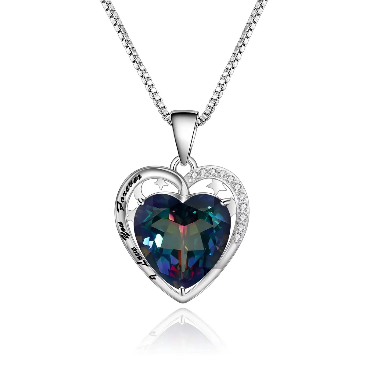 ArtistA Abiding Personality Engraved Romantic 925 Sterling Silver Heart Cut Rainbow Bluish Lolite Mystic Quartz Pendant Necklaces