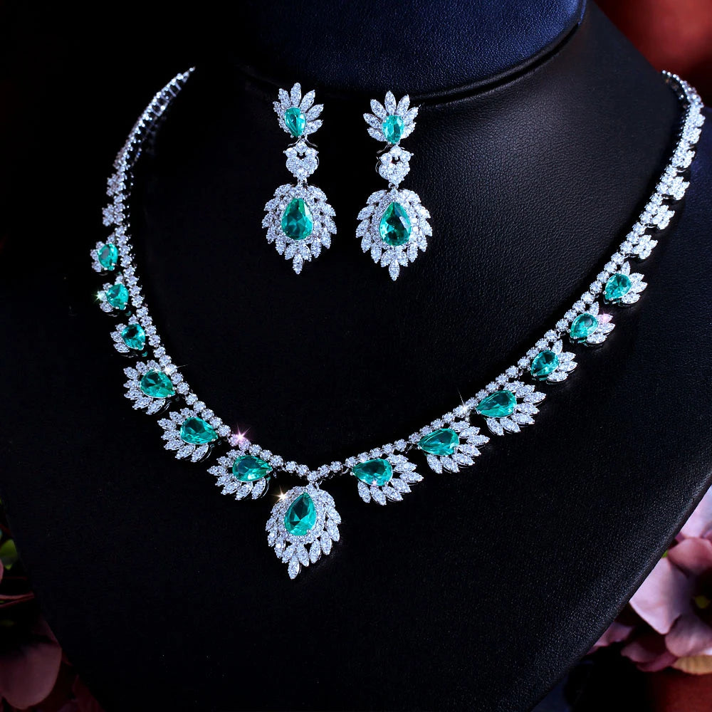 Chic White and Green Cubic Zirconia Feather Shape Necklace and Earrings Wedding Brides Banquet Luxurious Jewelry Set for Women