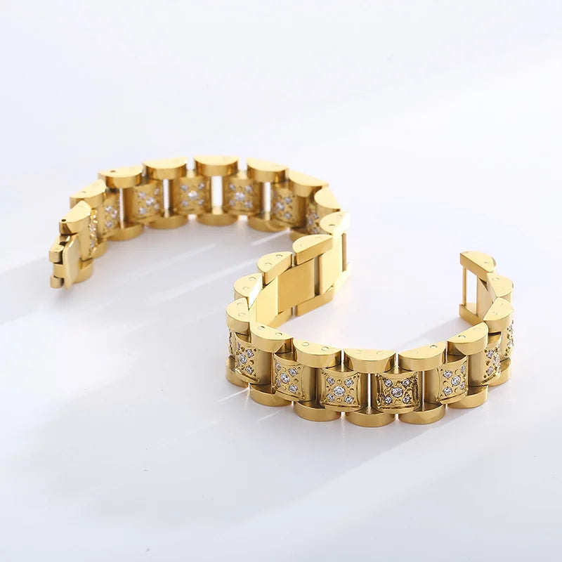 KALEN Men Vintage 210mm Gold/Silver Plated Stainless Steel Rhinestones Watchband Link Bracelets