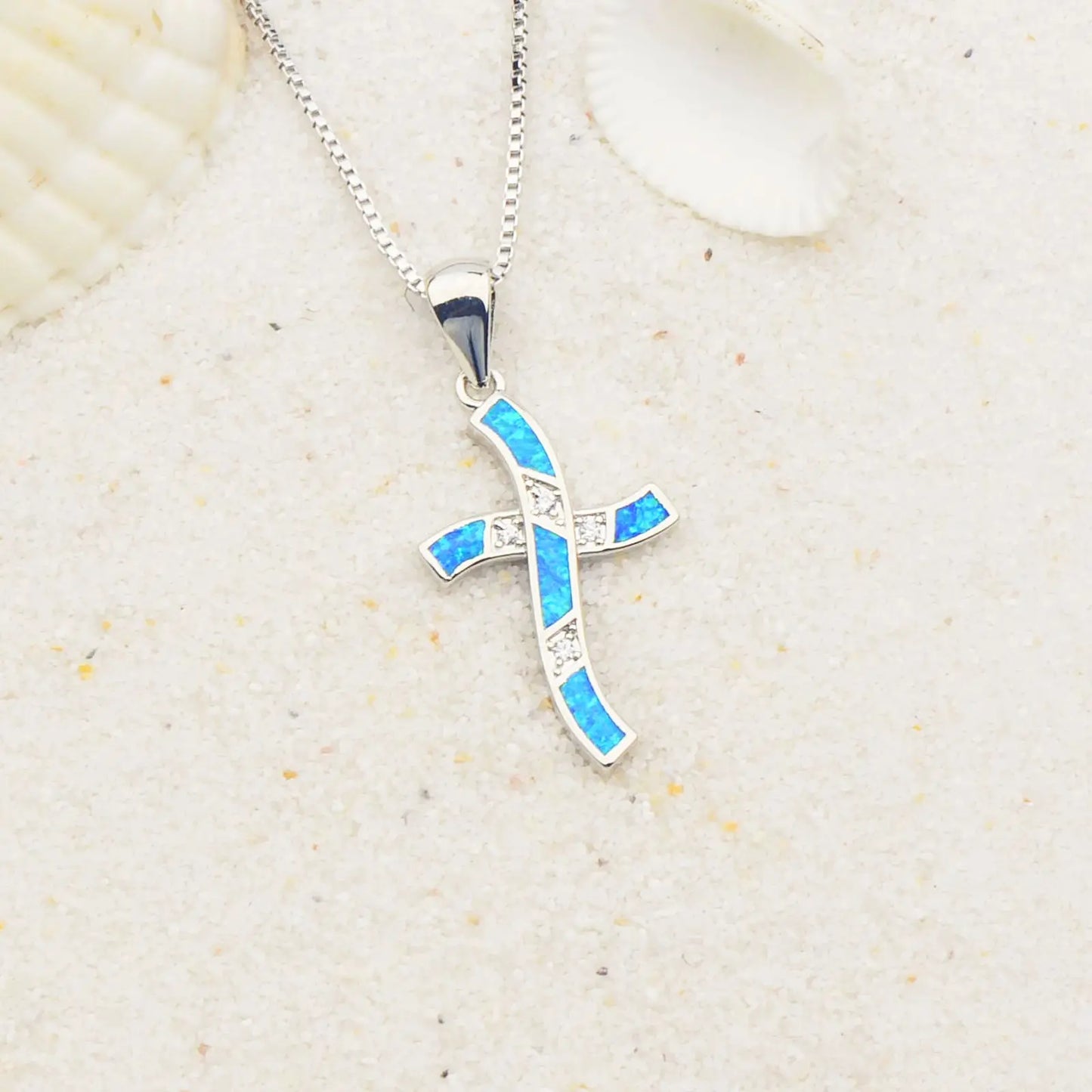 Ocean Theme Cross Necklace Aobao Opal Inlaid Starfish Detail Fashion Jewelry