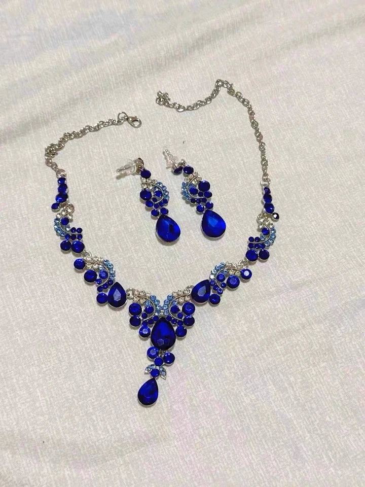 XM S386 Silver Plated Royal Blue Sapphire Marquise Teardrop Pendant Necklace & Drop Earrings Set