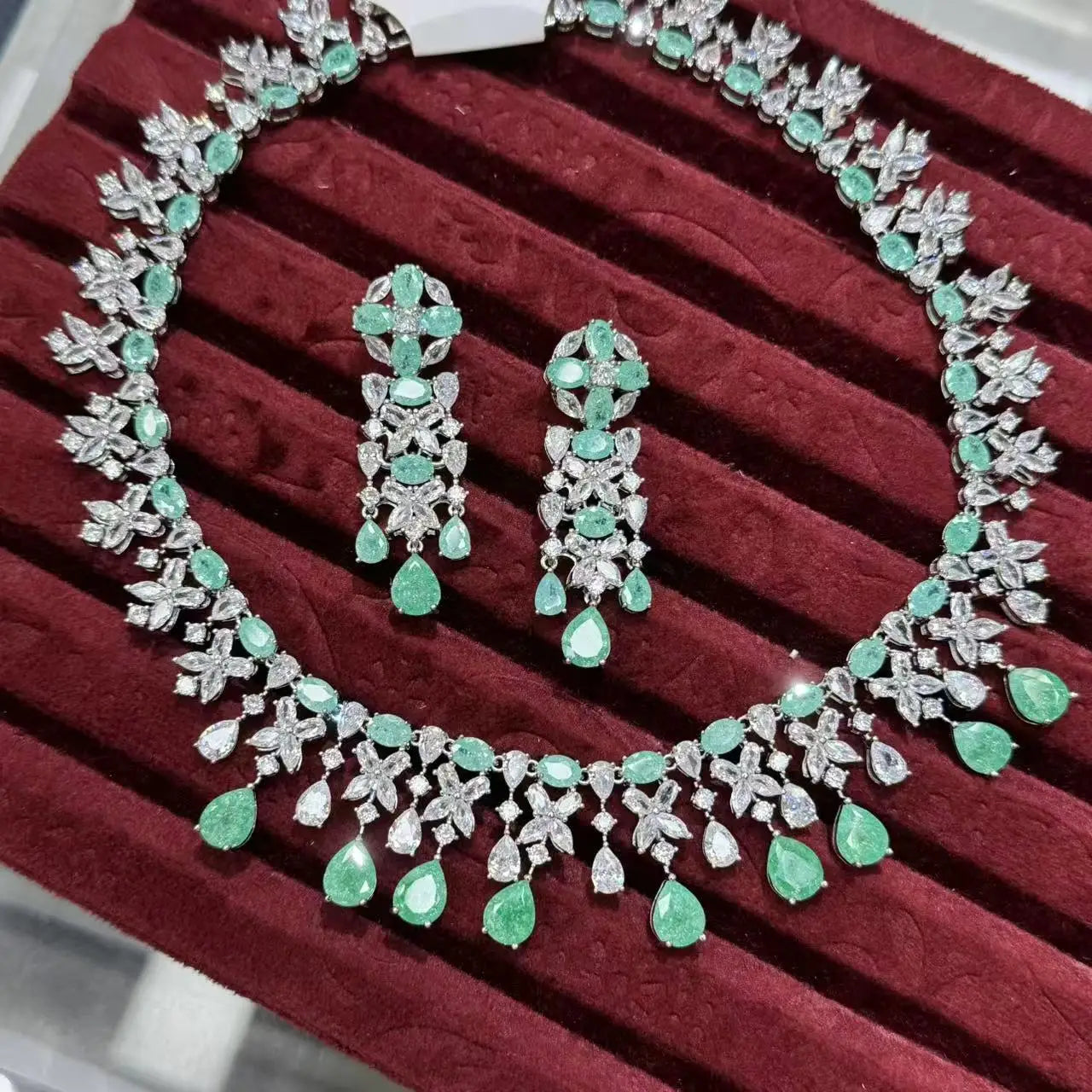 Luxury Cubic Zirconia Geometric Necklace & Earrings Bridal Set — Pink, Green & Purple