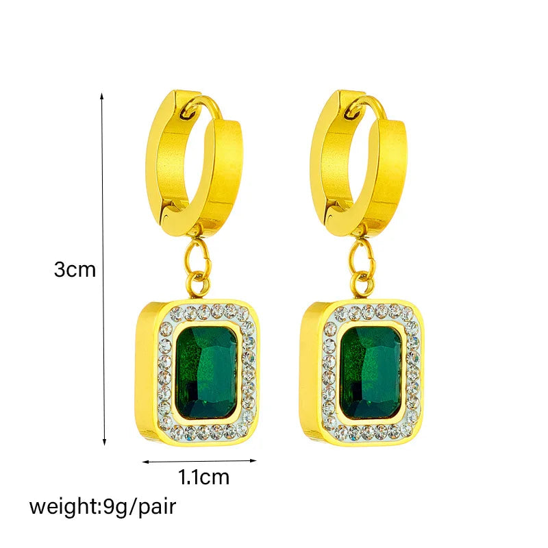 Gold Green Crystal Geometric Necklace, Earrings & Bracelet Jewellery Set | Bold Luxury Set