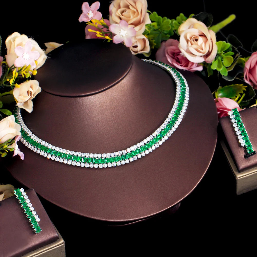 Sparkly Multiple Green Cubic Zirconia Setting Silver Plated 2pcs Bridal Wedding Event Round Necklace and Earring Jewelry Sets