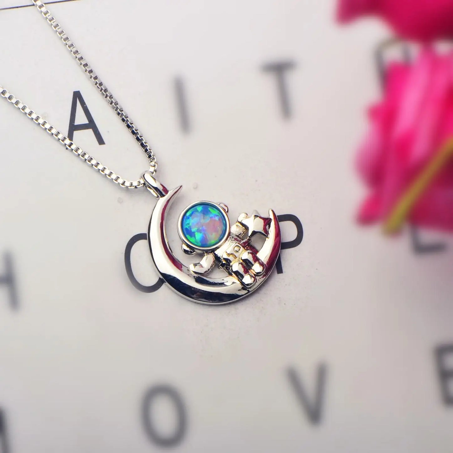 Ins Style Blue Opal Spaceman Necklace - Trendy Nightingale Charm Statement Jewelry Bulk