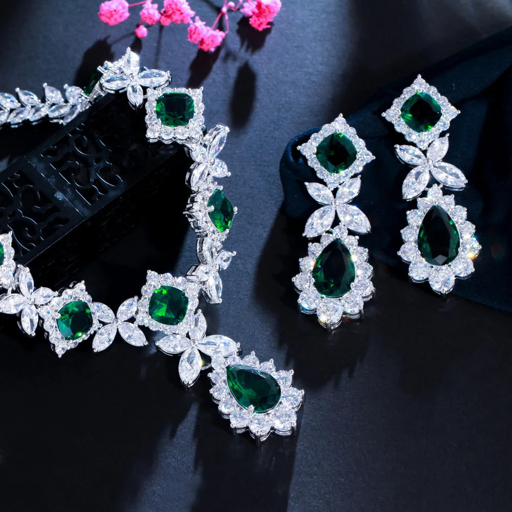 Statement Necklace Earrings White and Green Cubic Zirconia Stone Bridal Jewelry Sets for Women Party Wedding Dress Accessories