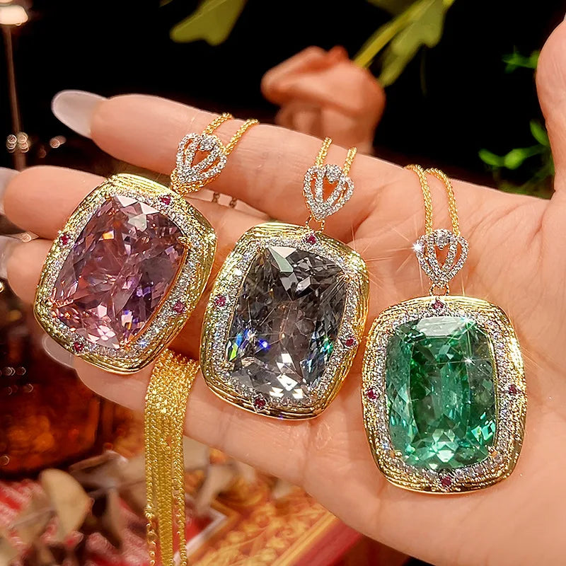 REDheart Simulation Color Treasure Light Luxury Gold Plated Copper Inlaid Zircon Crown Women's Wedding Pendant Jewelry Set