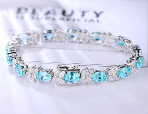 Gemfiori Customizable S925 Silver Bangles Chain Bracelet for Women Rhodium Lab Grown Paraiba Natural Gemstones for Gift Party OEM ODM