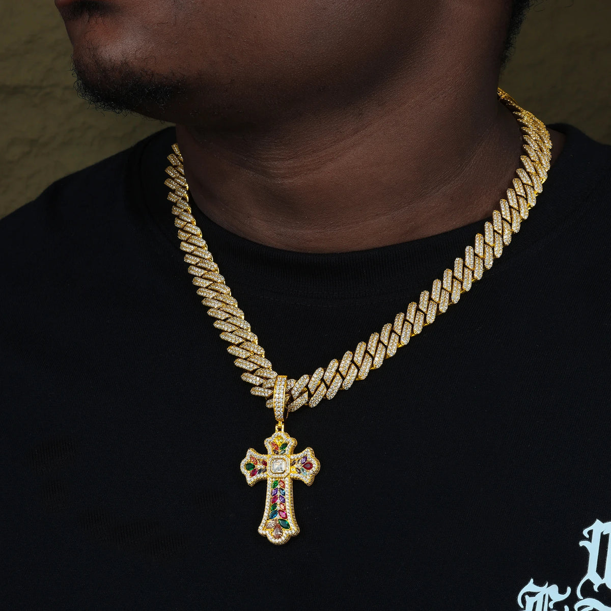 REBEL High Quality Multi Color Gemstone Iris Cross Pendant White Gold Plated Brass AAAAA CZ Diamond Iced Out Cross Charm Necklace