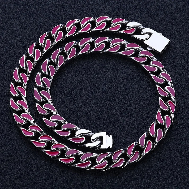 Hip Hop 12mm Colorful Oil Drop Stainless Steel Cuban Chain Niche Necklace Bracelet For Men