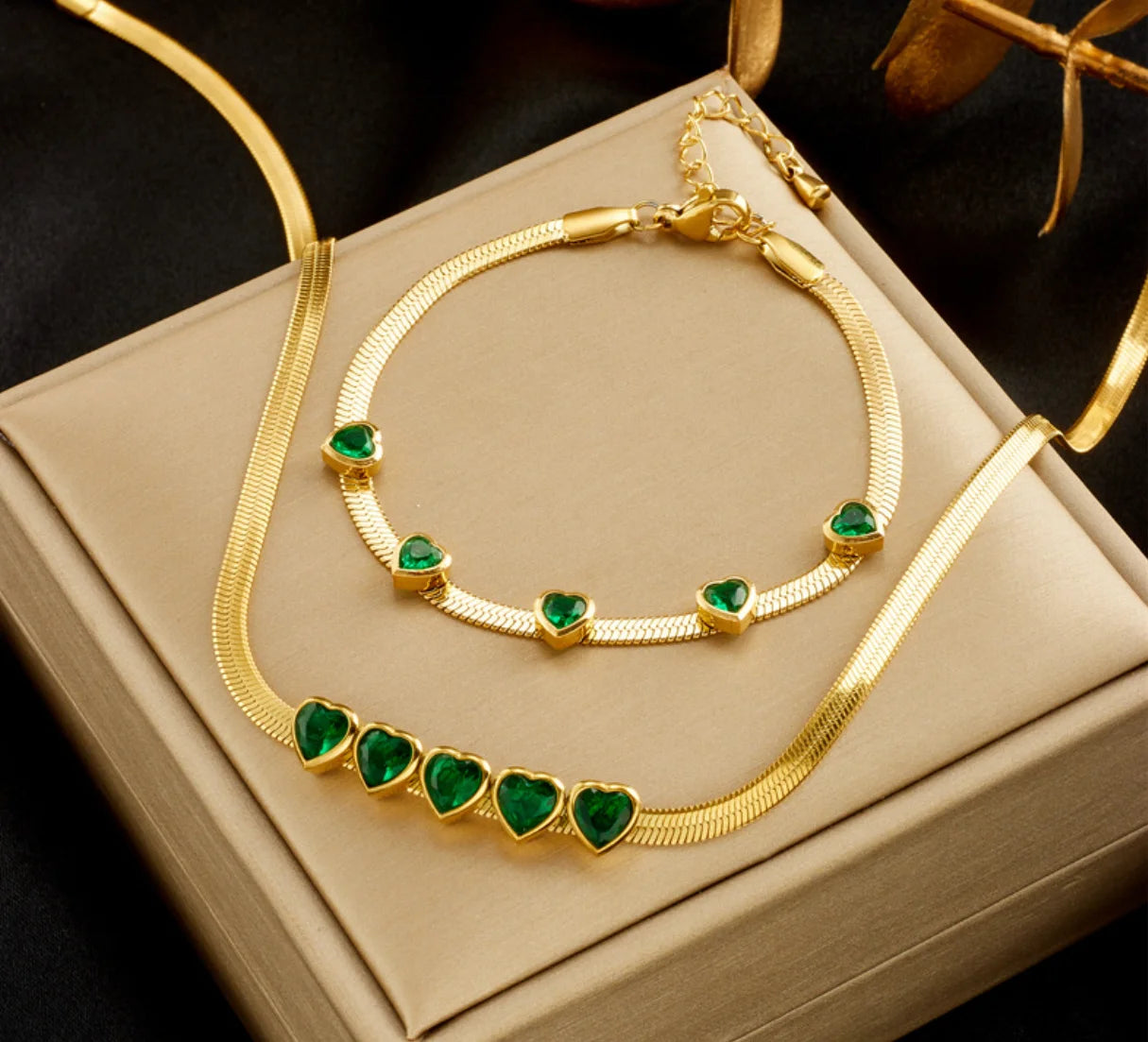 Gold Green Crystal Heart Necklace & Bracelet Jewellery Set | Coordinated Luxury Fashion Set