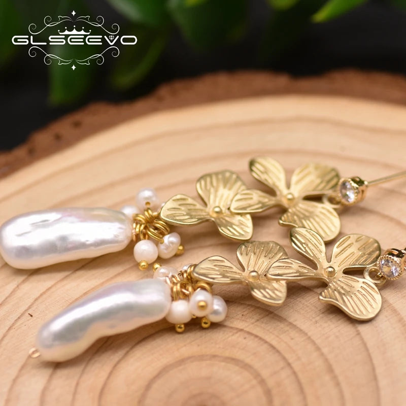 Natural Baroque Pearl Long Flower Drop Earrings for Women Wedding Engagmement Gift Handmade Jewelry Earrings Bulk