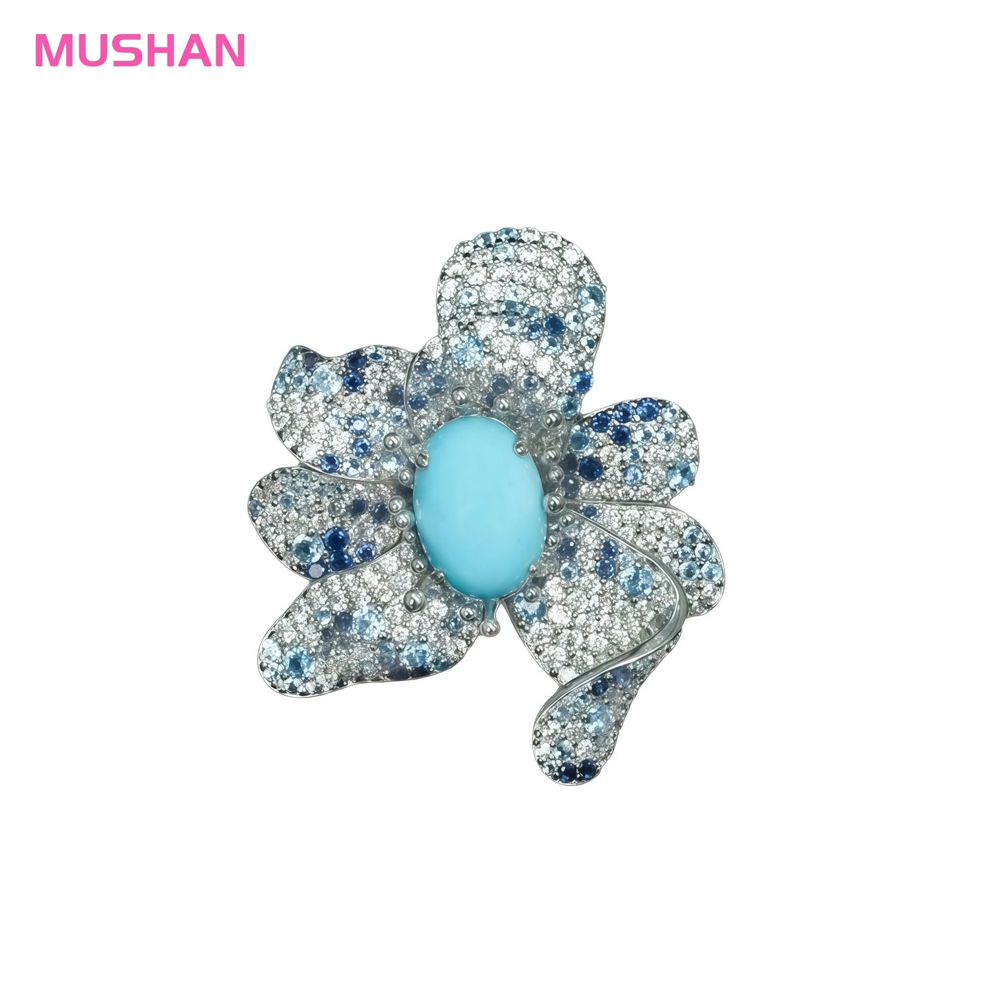 MUSHAN 925 Sterling Silver Rhodium Plated Luxury Designer Flower Ring with Blue High Carbon Diamond Full Inlay