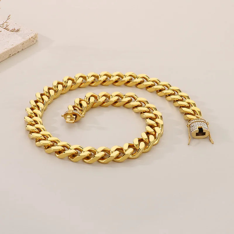 REBEL European American Women's Stainless Steel 316L Cuban Chain Bracelet CNC Exaggerated Zircon for Gift Jewelry Set
