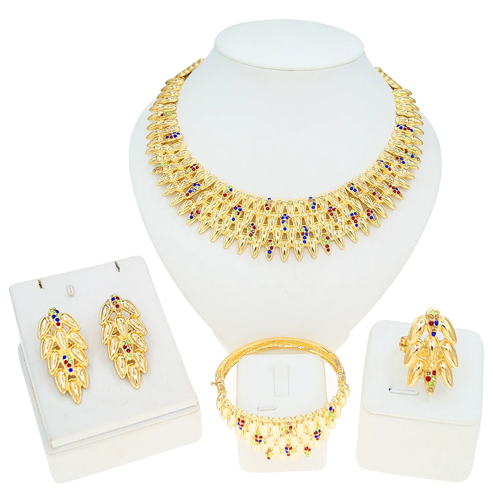 Zhuerrui Chic Leaf Multicolor Rhinestone Gold Plated Jewelry Set for Women Necklace Earrings Bracelet Ring Evening Jewelry I0101