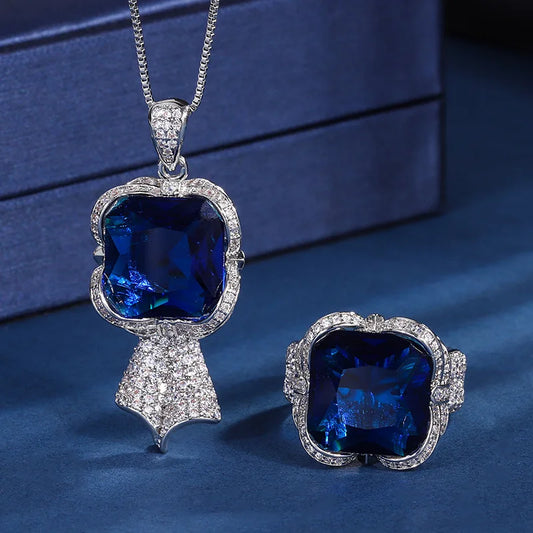 Gemfiori Korean Fashion Jewelry Light Luxury Temperament Pendant Inlaid with Blue Zircon Ring Jewelry Set