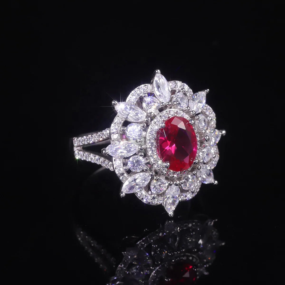 ArtistA AR013 Abiding Luxury Vintage Cubic Zirconia 925 Sterling Silver Ice Cut Lab Grown Ruby White CZ Flower Anniversary Ring