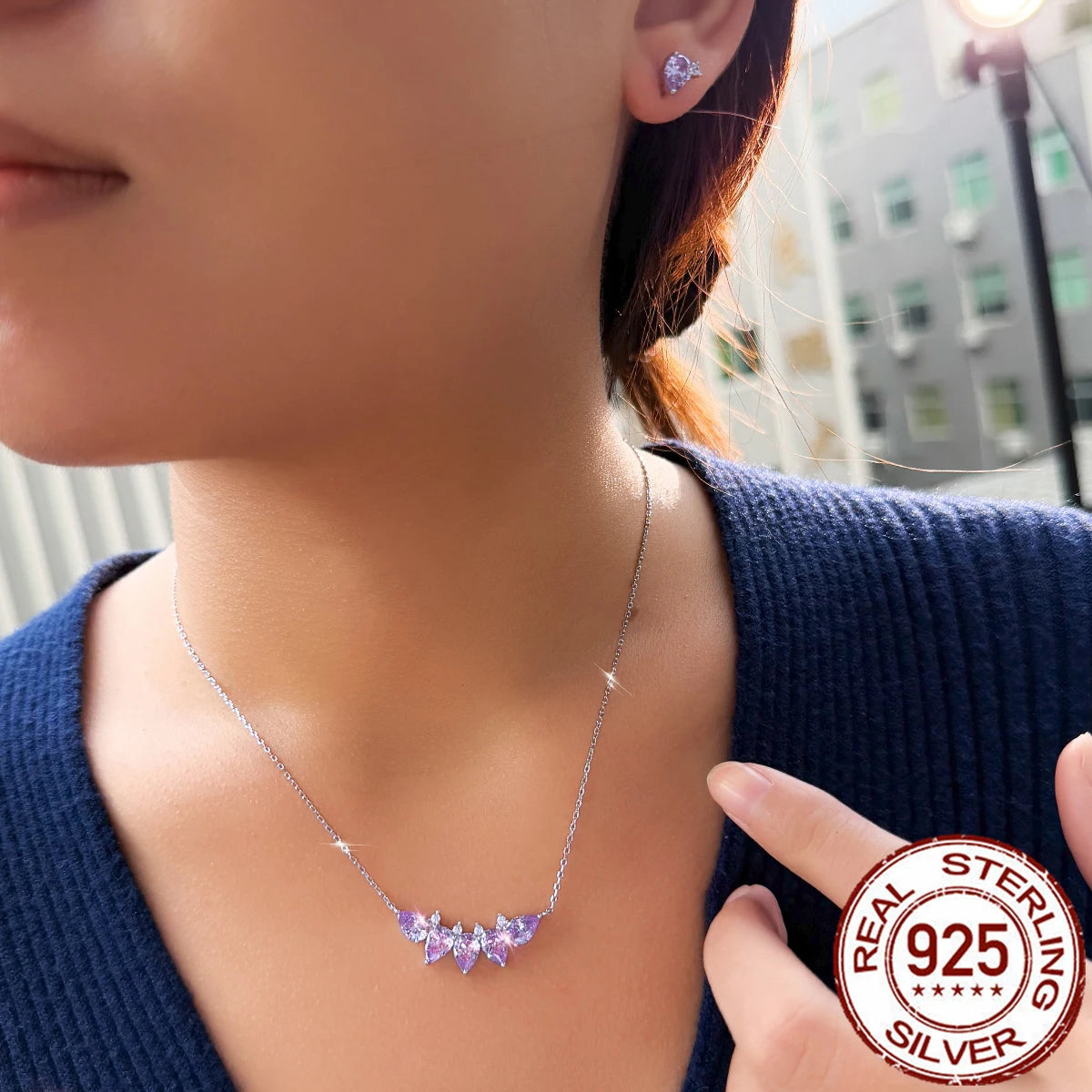 Purple Drop CZ Jewelry Set Zircon Pendant Necklace Jewelry Set for Lady Daily Wear Birthday Gift 925 Sterling Silver Jewelry