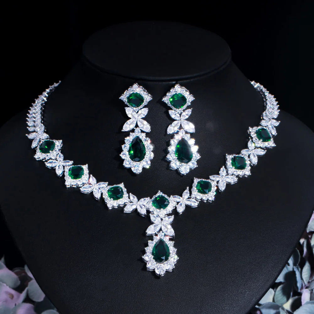 Statement Necklace Earrings White and Green Cubic Zirconia Stone Bridal Jewelry Sets for Women Party Wedding Dress Accessories