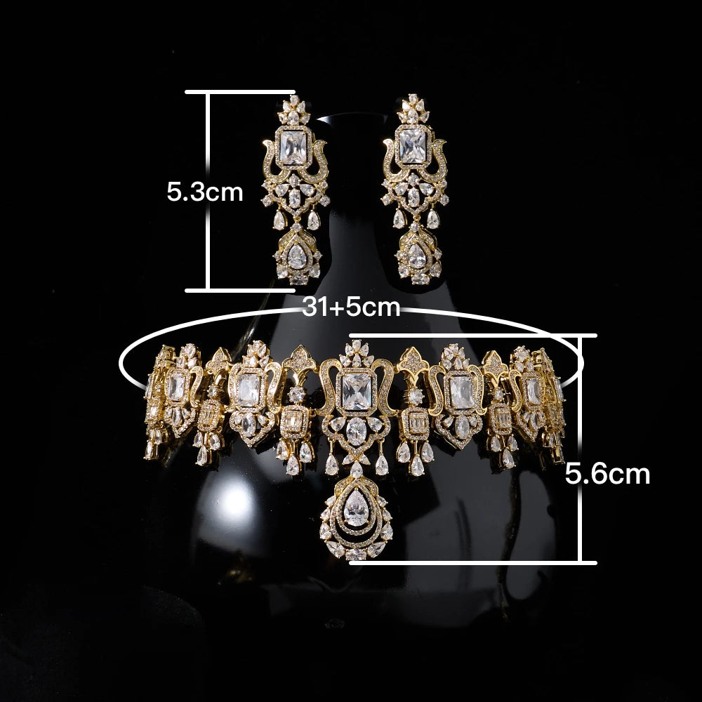 018269 Luxury Color Bridal Choker Necklace with Earrings for Women Cubic Zircon Wedding Jewelry Sets Brides Accessories Indian